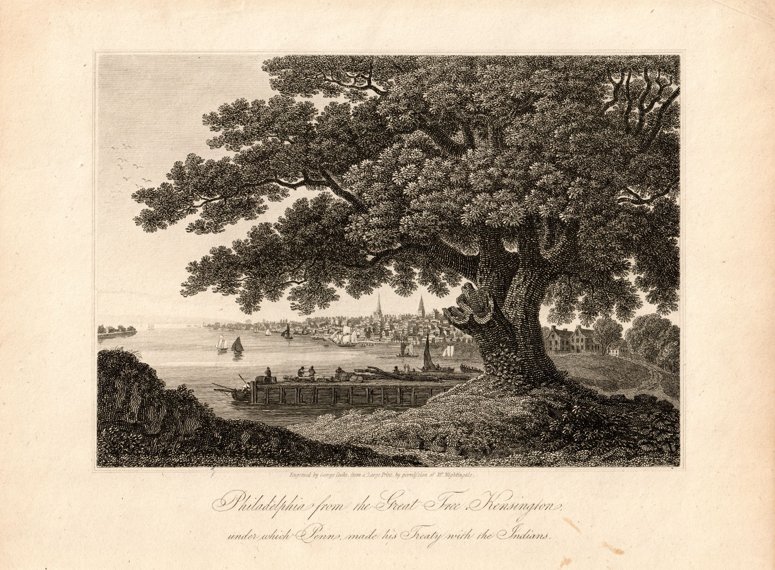 fig. 1_ 1801 View of Philadelphia along the Delaware River from the Kensington Oak under which Penn signed his famous treaty with the Native Americans in the early 1680s. On the right side can be seen an example of the kind of country estate Penn had initially envisioned to be the basis for his ideal ”greene country towne.“