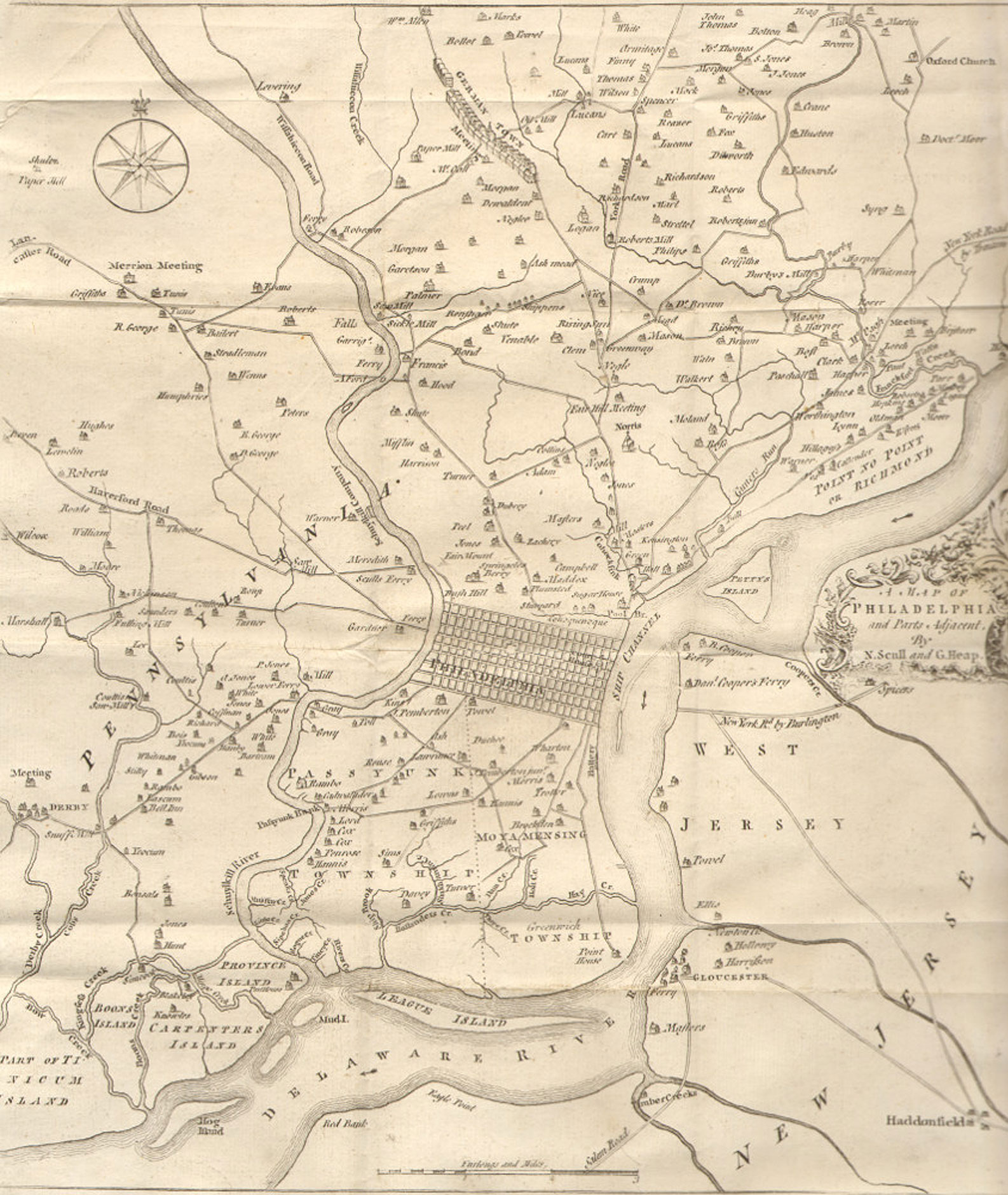 fig. 2_ Mid-18th century map of Philadelphia showing the grid as it was sited between the Delaware and Schuykill rivers.